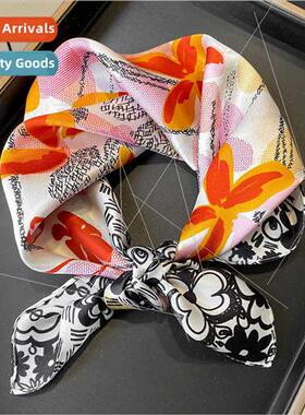 Red printed mulberry silk silk scarf women rolled edge flora