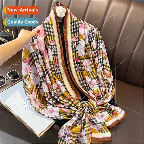 Summer plaid stripes elegant atmosphere sunscreen silk scarf