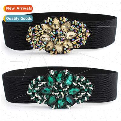 Rhinestone inlaid elastic waistband women dress decorative v