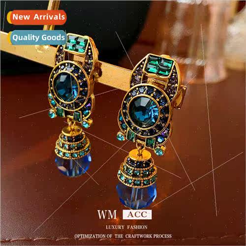 Earrings clip vintage diamonds blue crystal fashion versatil