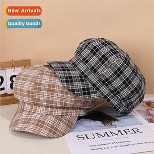 plaid octagonal cap Spring versatile retro female sho Autumn