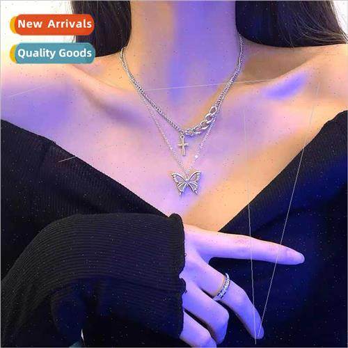 Fall Winter Butterfly Cross Double Layers Necklace适用Women