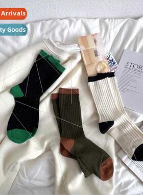 Autumn winter new retro color blocking stacked socks cotton
