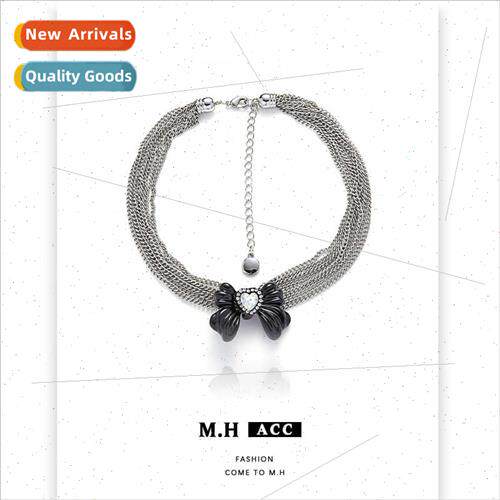 Black Bow Necklace Women Alloy Ins Lock Bone Chain Multi-Lay