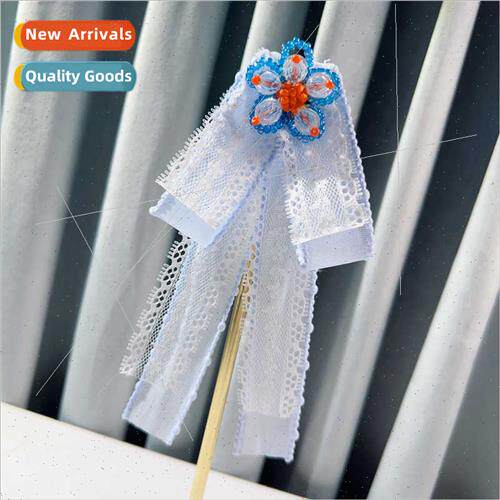 Summer jewelry flutter lace crystal flowers blue bow brooch