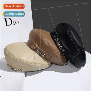 beret cool retro fas female ins brown leather chain Brish