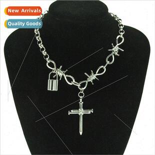mple silver cross lock pendant necklace female thorn metal n