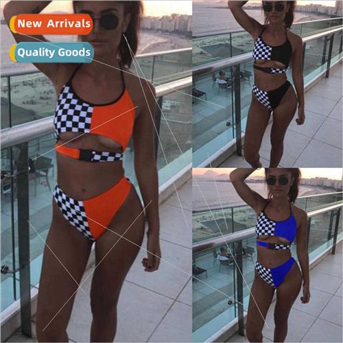 3 Color Black and Whe Plaid Patchwork Socket Spl Bikini Swim