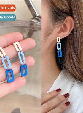 Korea new S925 silver needle blue rectangular hollowed out e