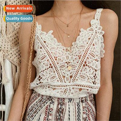 Summer New Hook Flower Lace Solid Stching V-neck Camis Fem