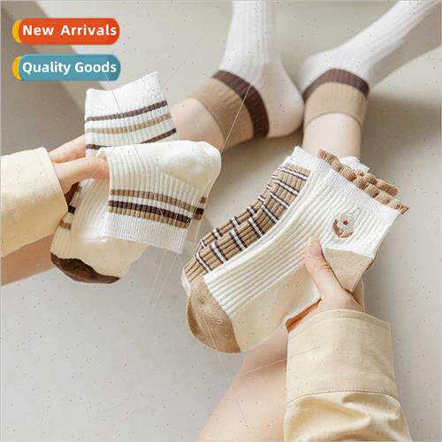 Autumn Winter Women Combed Cotton Striped Socks Curry Embroi