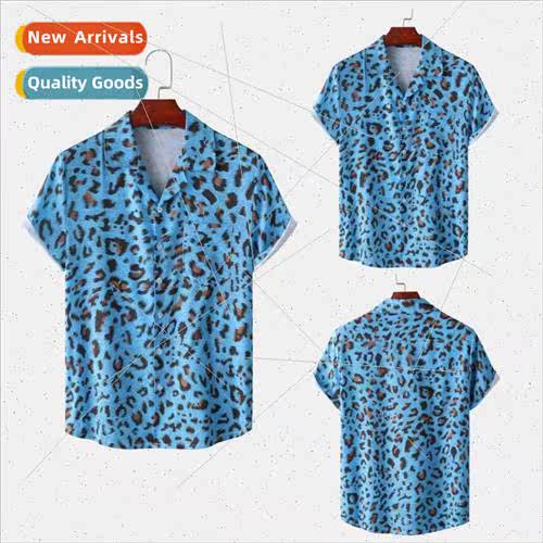 2022 new men Hawaiian beach leopard print short-sleeved shir
