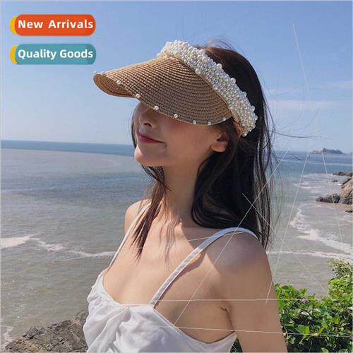 Straw hat female summer handmade pearl beach grass hollow to