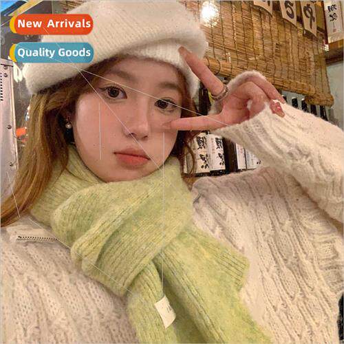 Korean  ins green knted scarf female winter patch solid colo