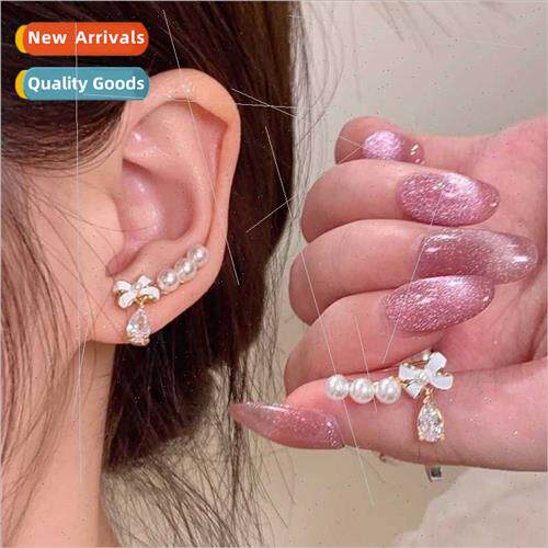 Small delicate bow pearl earrings female summer niche sweet