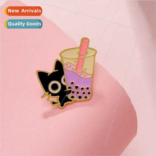 cartoon milk tea cat creative popular oil drop brooch bag la