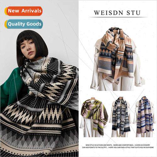 che female jacquard geometric faux cashmere scarf tassel fal