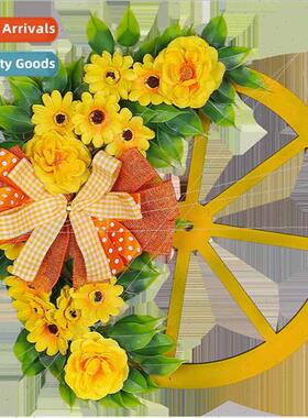 Spring Yellow Flower Wheel Wreath 2024 mulation Bow Wreath C