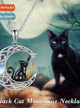 Fashion Star Moon Black Cat Necklace Women Hundred Moonstone