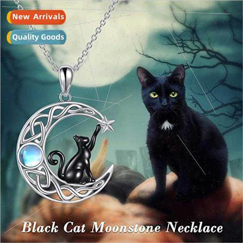 Fashion Star Moon Black Cat Necklace Women Hundred Moonstone