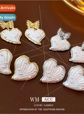 lver needle pearl striped love bow earrings Korea ins hundre