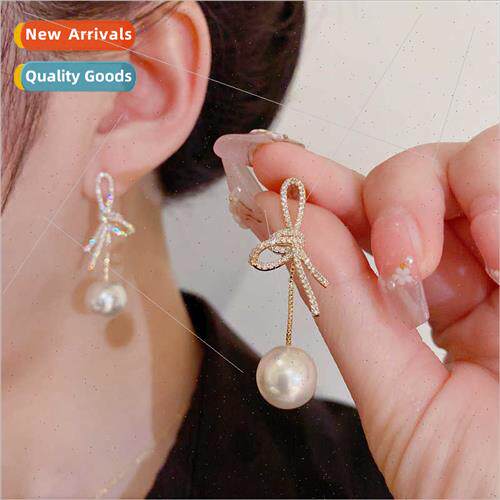 2022 summer new fashion zirconia bow hanging pearl earrings
