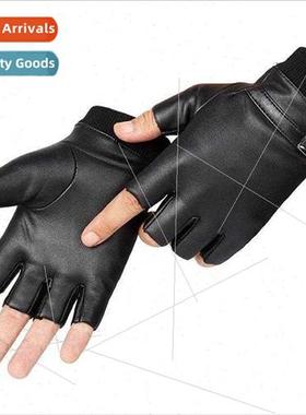 Autumn winter leather gloves half finger men open finger pad