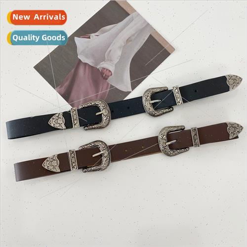 ins women double buckle head wide belt pin buckle outerwear