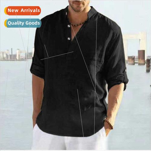 2023 men polo solid color long sleeve stand-up collar linen
