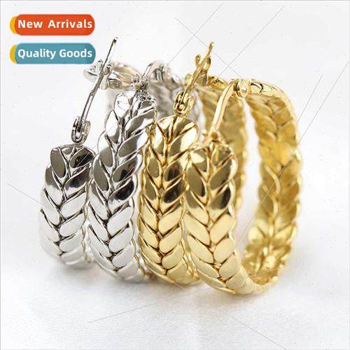 INS new circle earrings stainless steel wheat ears geometric