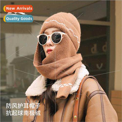 Winter warm hat scarf all-in-one Korean  hchhiking knted woo
