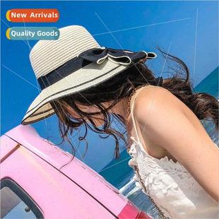 straw sunsc bow seaside female hat woven rope tie new Summer