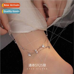 S925 Silver Double Layer Ginkgo Leaf SBead Anklet适用Women T