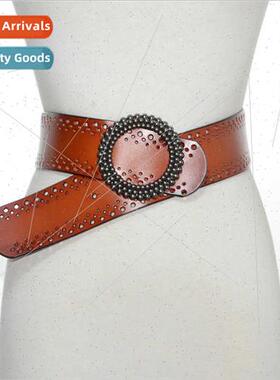 Vintage slanting cowhide wide belt women simple hollow decor