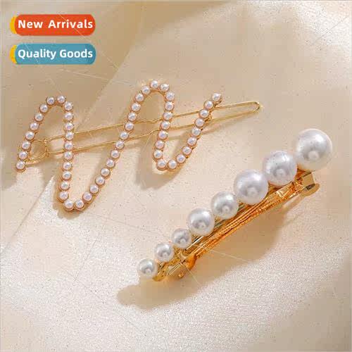 Pearl Spring Clip Hair Clip Female Europe Wave Pearl Duckbil - 实物图