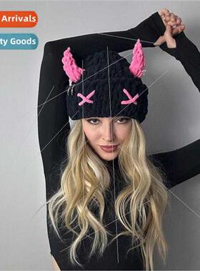 Autumn winter hand-knted wool hat imp horns thickened warm c