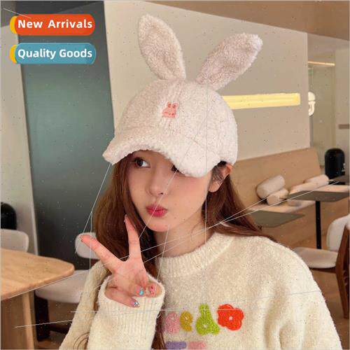 Cute rabb ears baseball cap fall winter warm lamb wool hat f