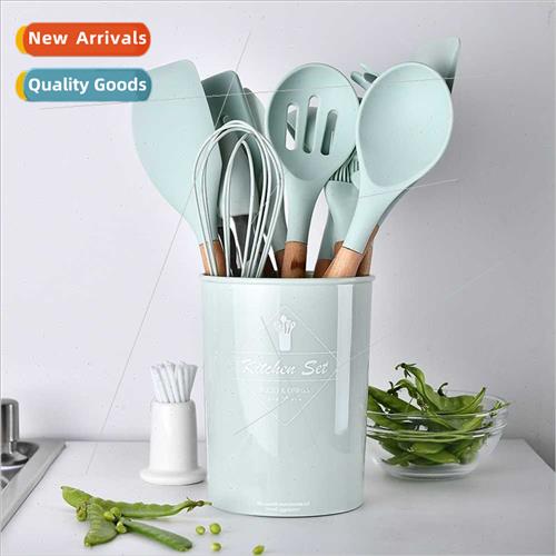 ght Green Wooden Handle licone Kchenware 11pcs Set Non-Stick