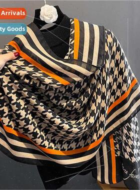 2023 Korean  thousbirds check cotton linen scarf female dual