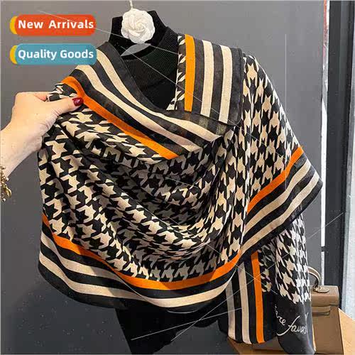 2023 Korean  thousbirds check cotton linen scarf female dual