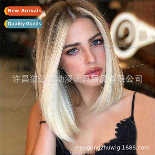 Europe Women Wigs Black Gradient ght Blonde Short Hair Cover
