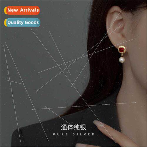 S925 silver vintage red square earrings female earrings earr
