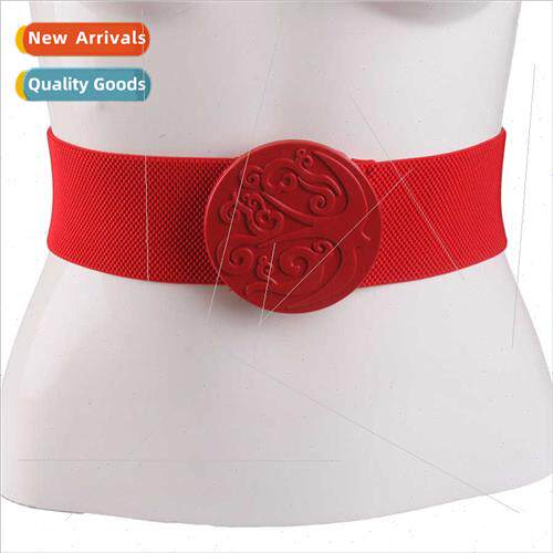 Red round buckle elastic wide belt female swallow decorative