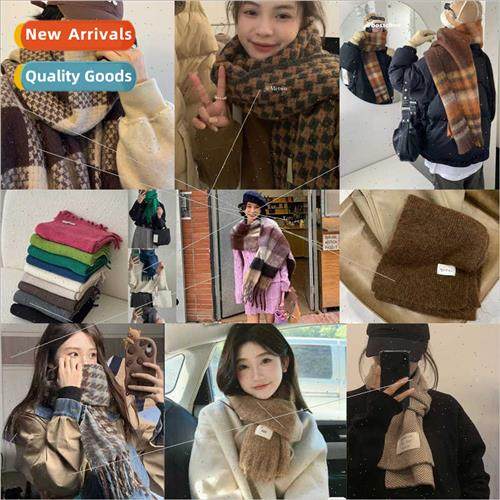 Coffee Scarf Coat Retro Plaid Scarf Women 2023 New Korean Th