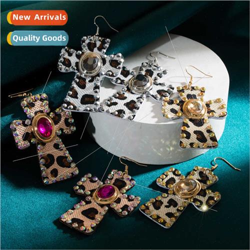 Europe new leopard leather earrings women retro alloy diamon