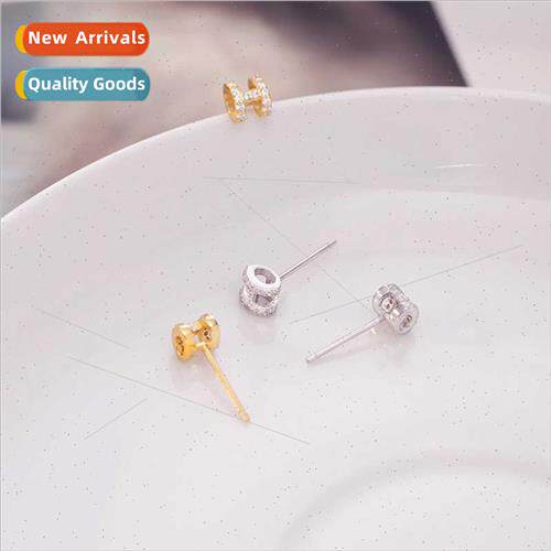 S925 silver simple mini compact letters H full diamond earri