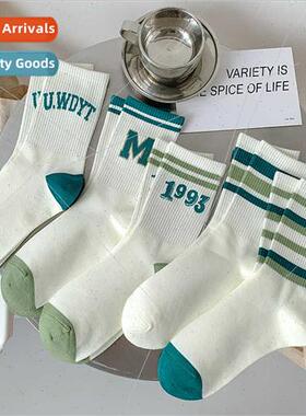 Green striped sports socks children spring fall ins tide Kor
