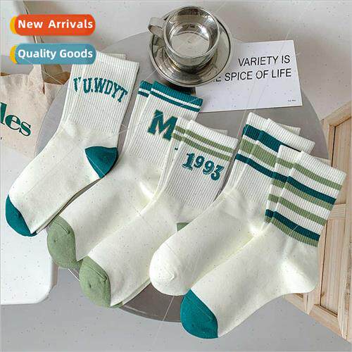 Green striped sports socks children spring fall ins tide Kor