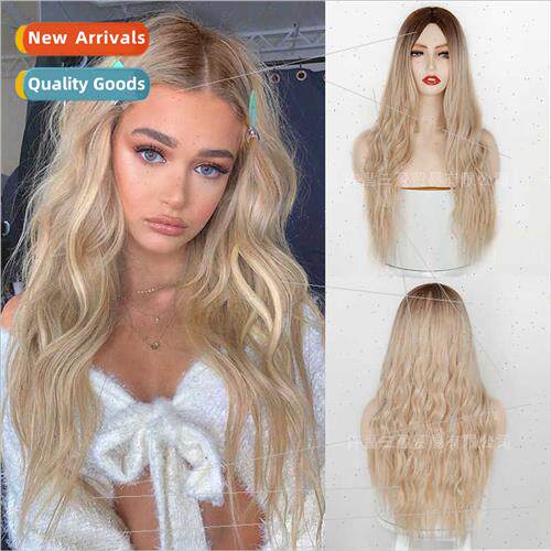 Wig female Europe center parted blonde gradient long curly h
