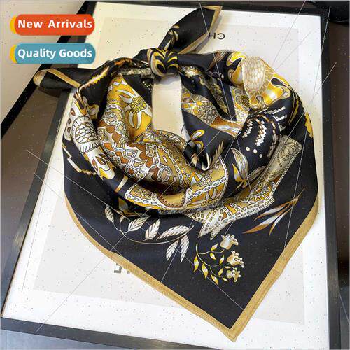 New black gold silk scarf women floral stallion pattern 68cm